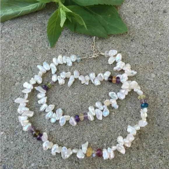 Keshi Necklace Pearl Necklace Multi-Color Gemstones June Birthdays Petal Pearls - Picture 2 of 3